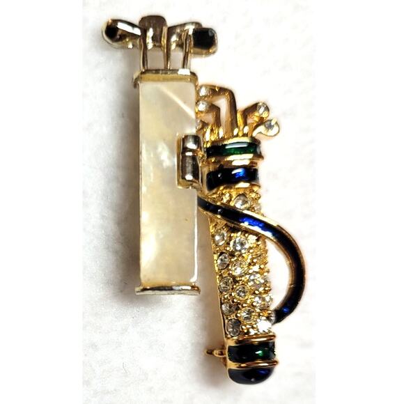 Golf Clubs Bag  Brooch 2 Pc Lot Mother Of Pearl Enamel Goldtone Small  1.5" - Picture 2 of 6